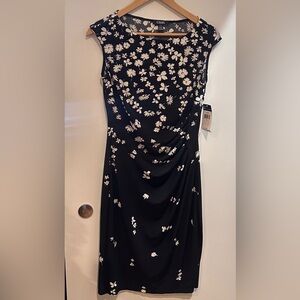 NWT Chaps Black White Floral Sleeveless Ruched Waist Dress Size Small